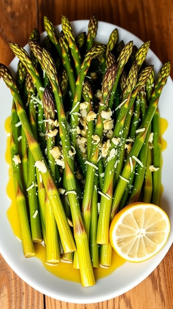 Oven-roasted asparagus with garlic and lemon on a wooden table.